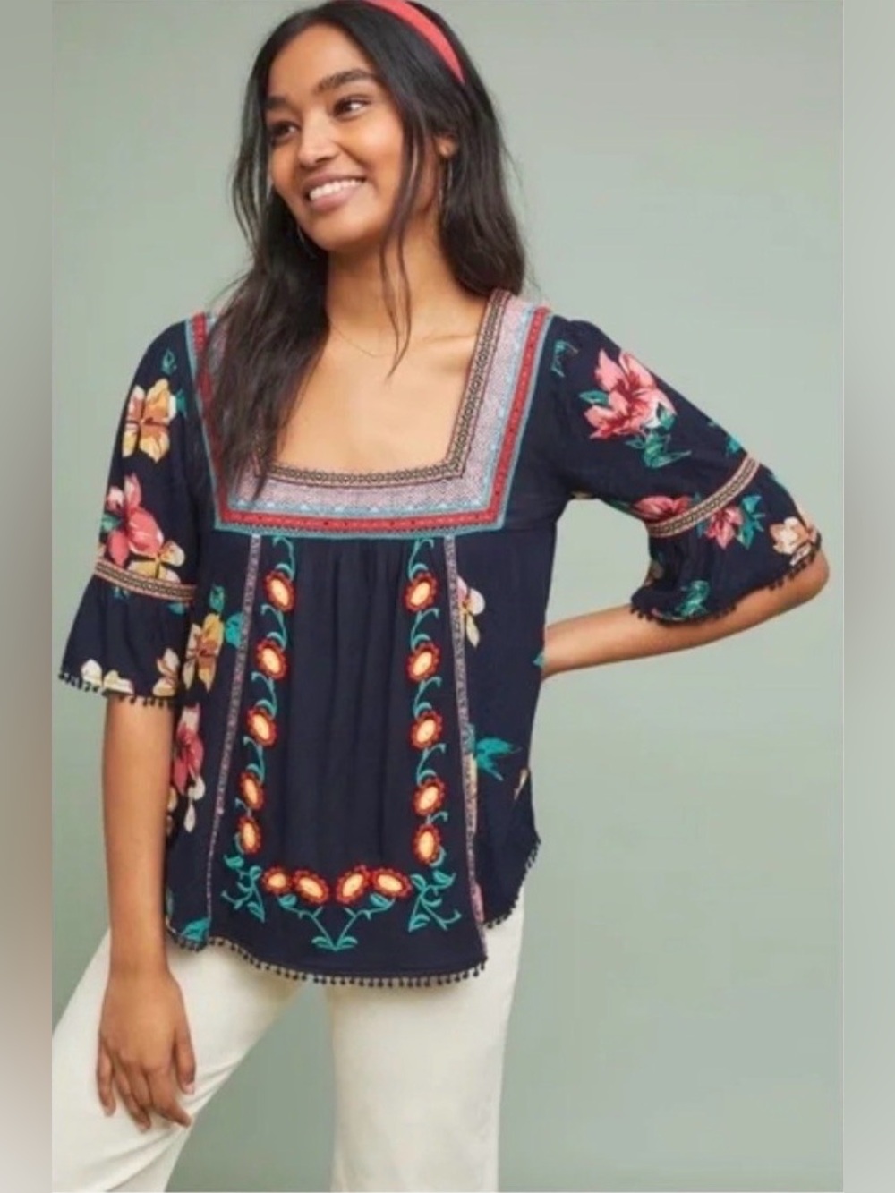 By ANTHROPOLOGIE Dakota Floral Embroidered Square Neck Blouse - Medium